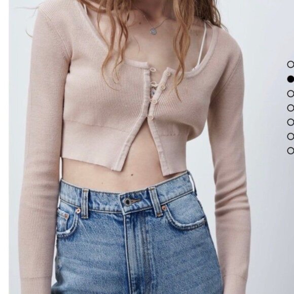 beige tan nude zara cropped cardigan sweater size M • good preowned condition wi - Picture 8 of 9